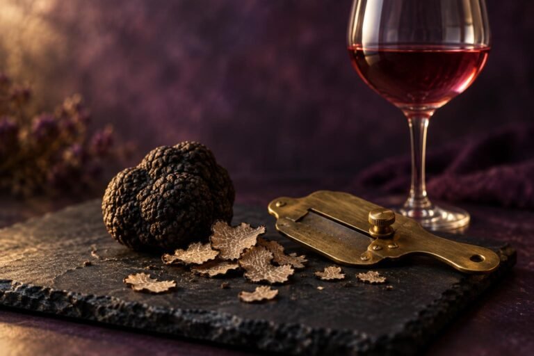 What Wine Goes With Truffle: The Rule Nobody Explains 5 Fresh black truffle on slate beside a glass of light red wine