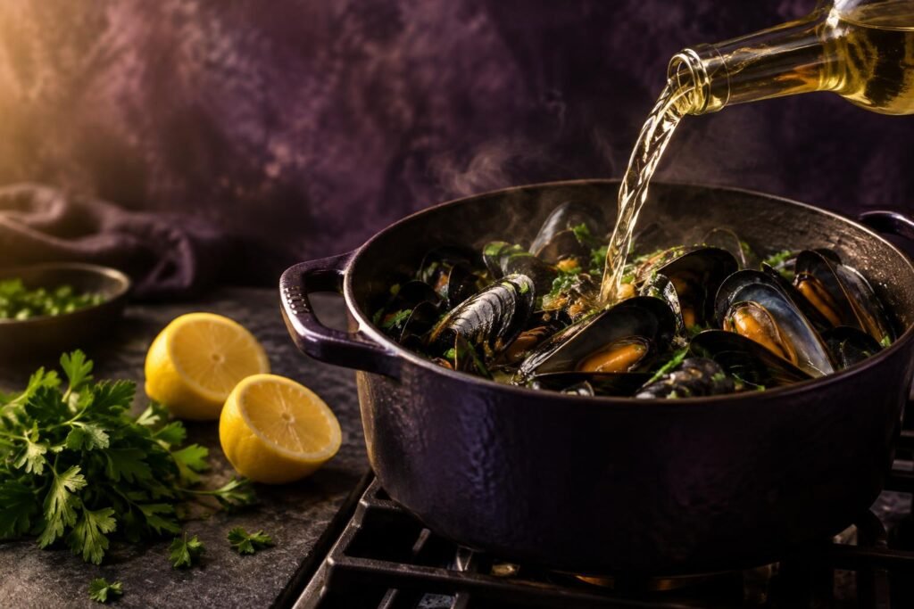 White wine being poured into a pot of mussels