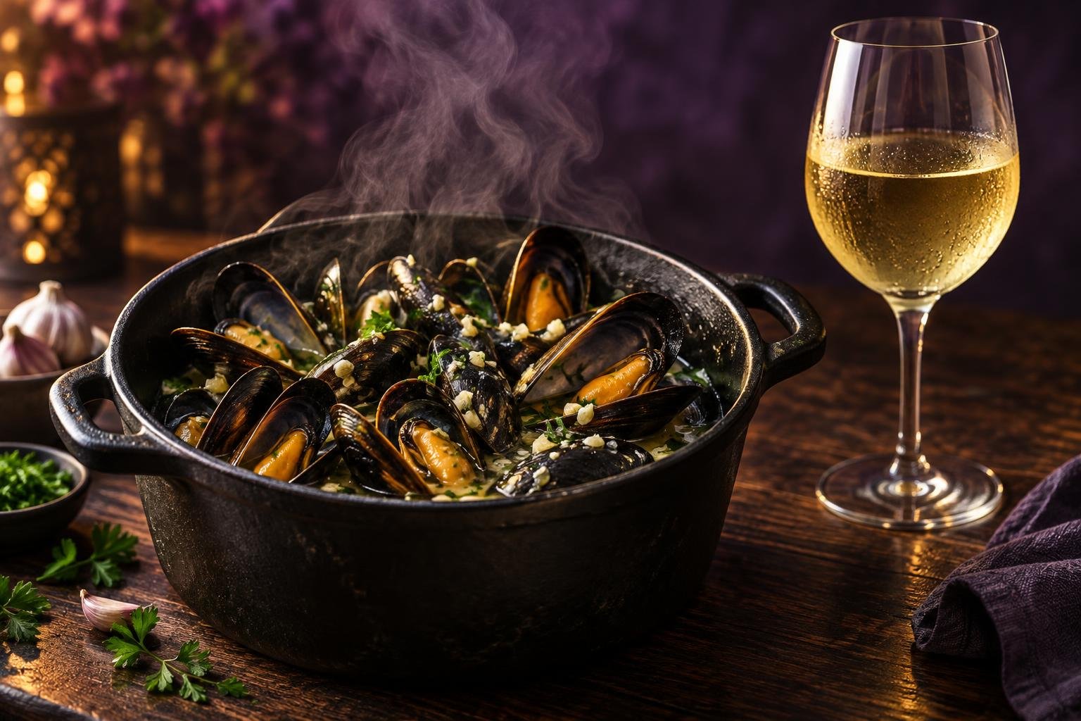 A pot of mussels beside a glass of white wine