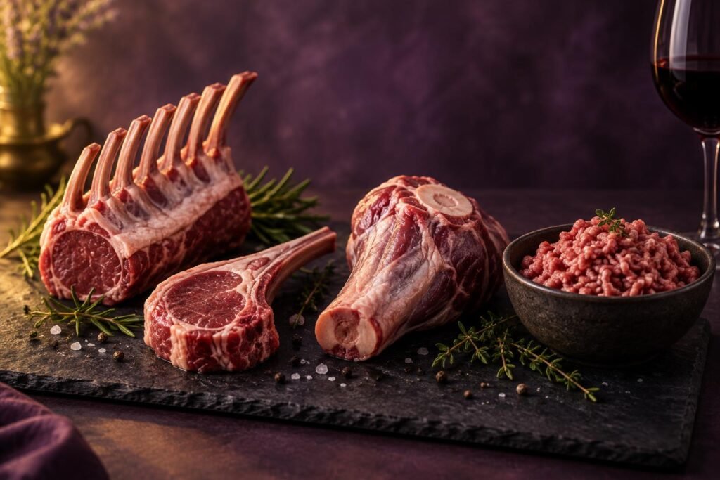 Which Wine Pairs With Lamb? A Cut-by-Cut Guide 2 Four cuts of lamb on a slate board beside a glass of red wine