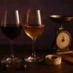 Glass of red wine and glass of white wine beside a kitchen scale and tape measure