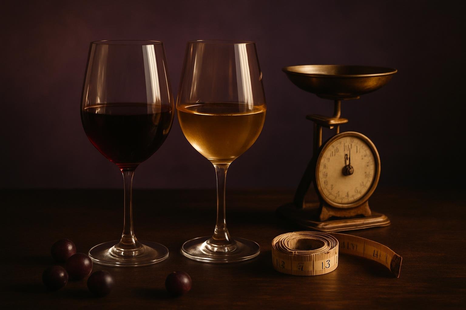 Glass of red wine and glass of white wine beside a kitchen scale and tape measure