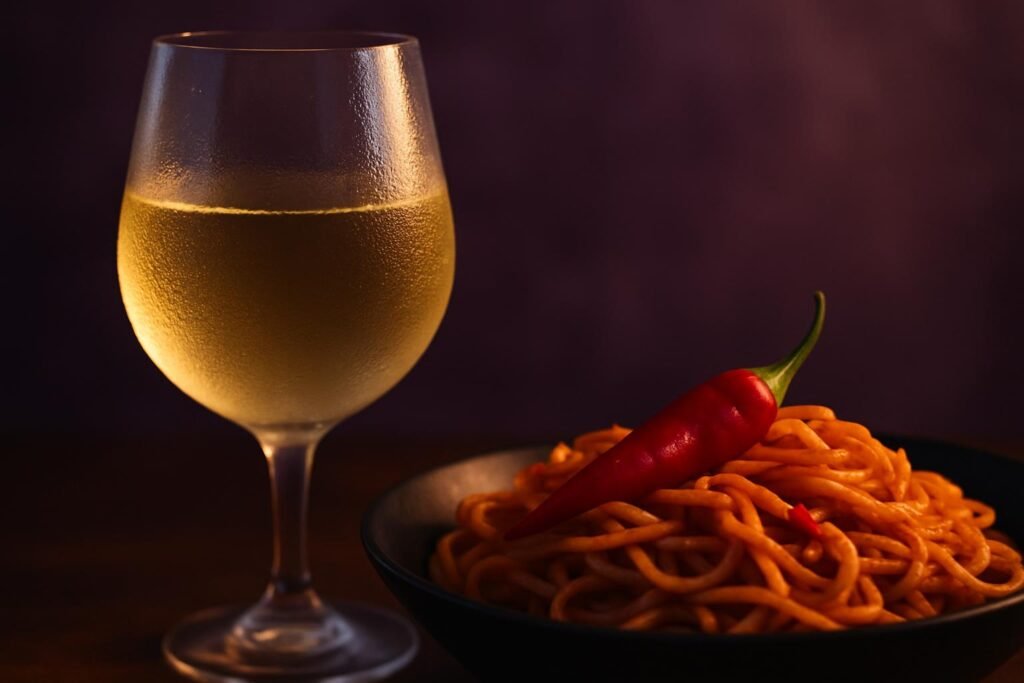Chilled glass of white wine beside spicy noodles with chilli