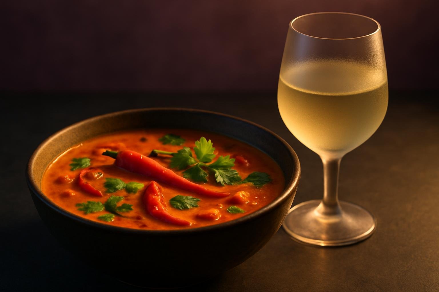 Spicy red curry with a cold glass of Riesling