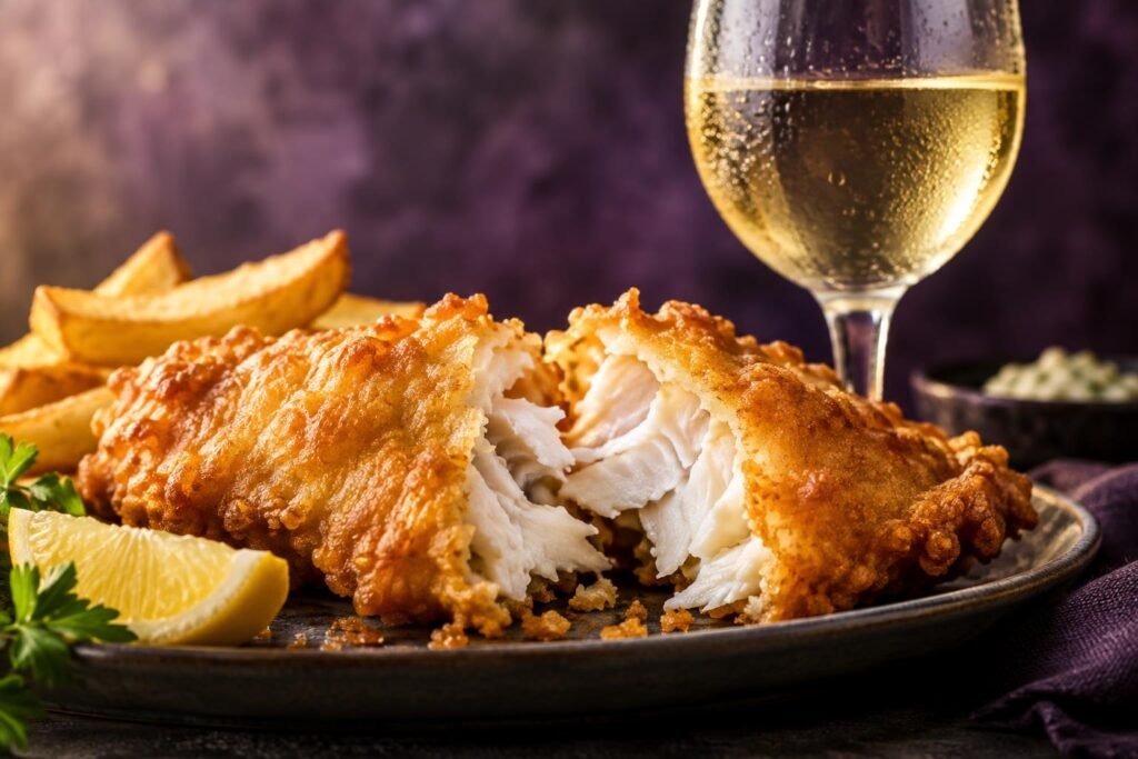 Crisp battered fish broken open beside a chilled glass of white wine