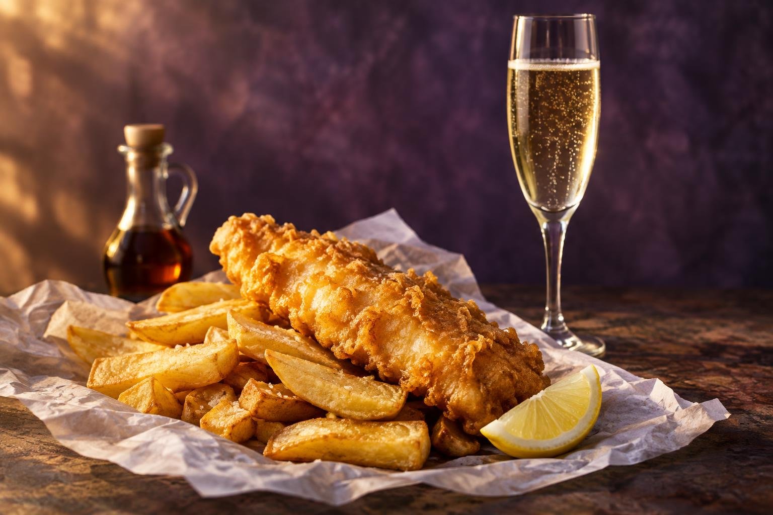 Battered fish and chips on paper beside a glass of sparkling wine