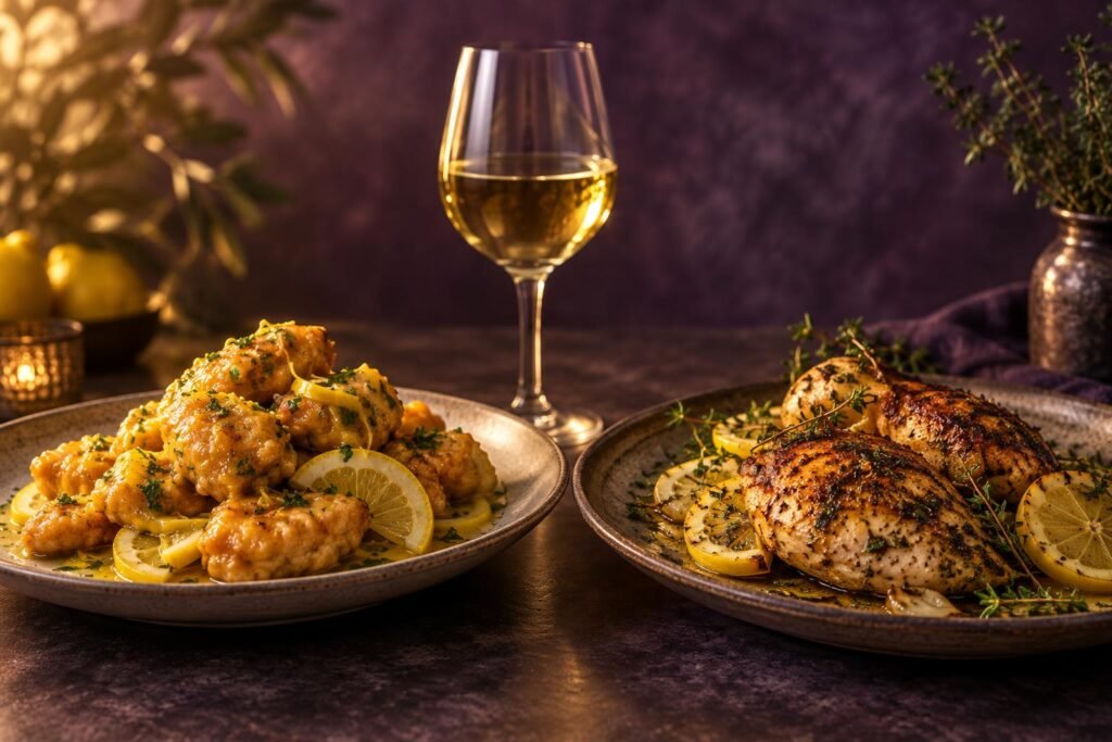 Battered lemon chicken and roast lemon chicken side by side with white wine