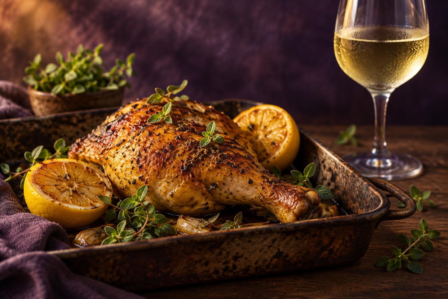 Roast lemon chicken with lemon halves beside a glass of white wine