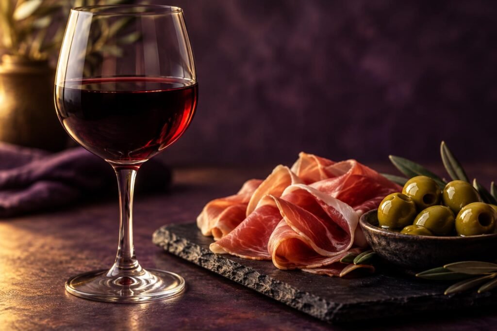 A glass of sangiovese beside prosciutto and olives