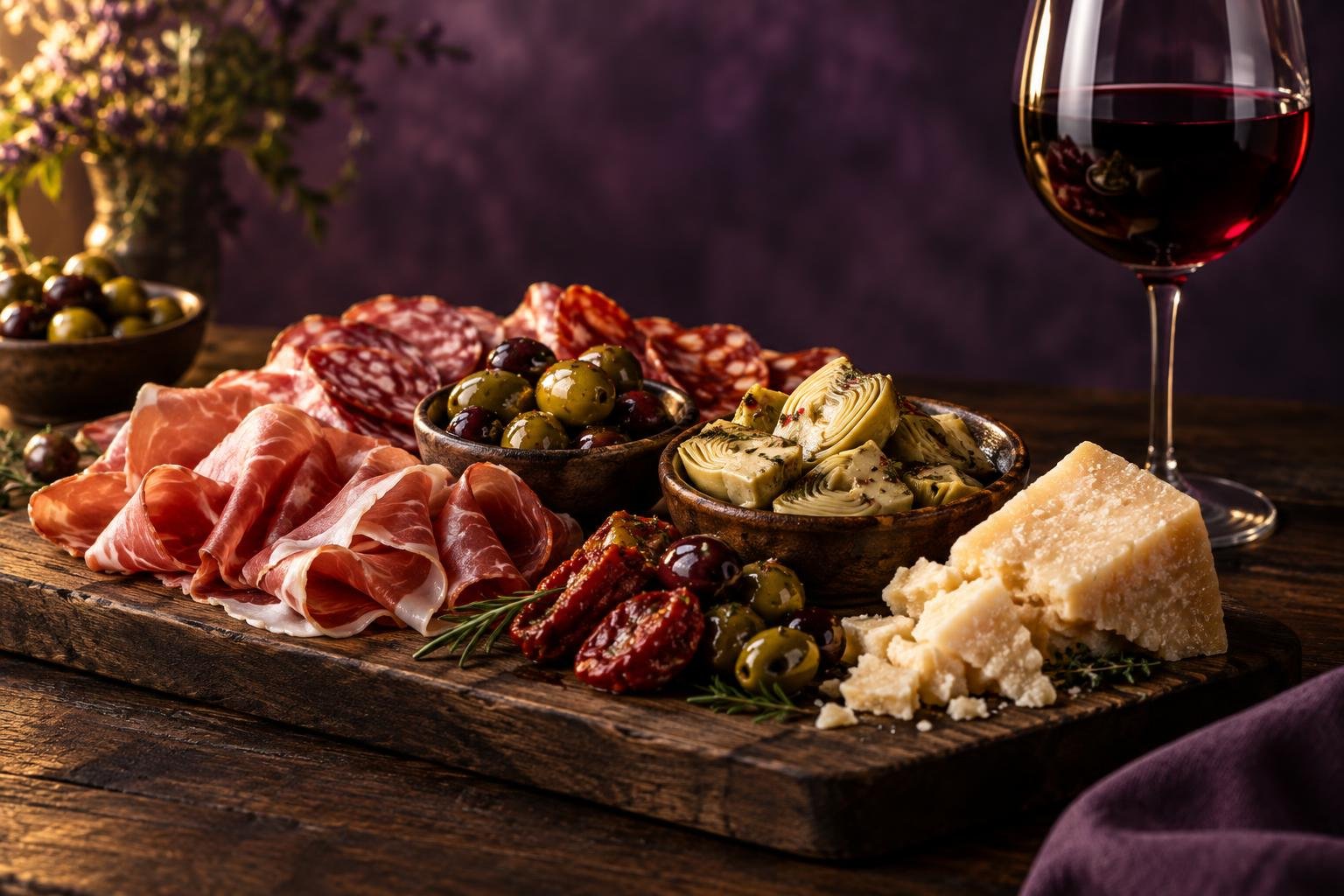 Antipasto board with cured meats and olives beside a glass of red wine