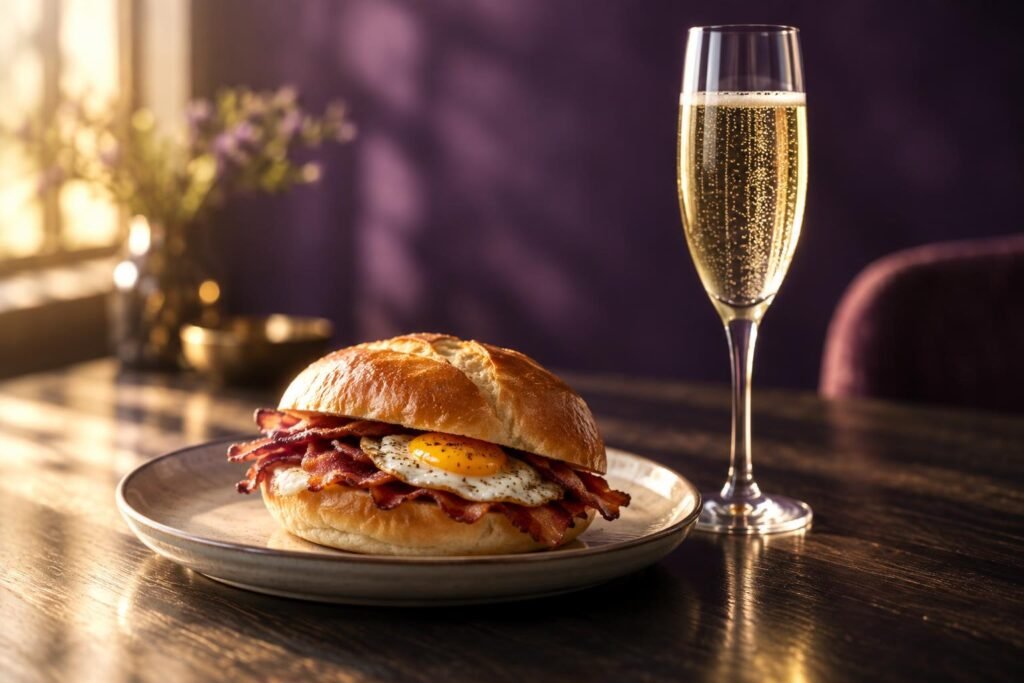 A bacon and egg roll beside a flute of dry sparkling wine