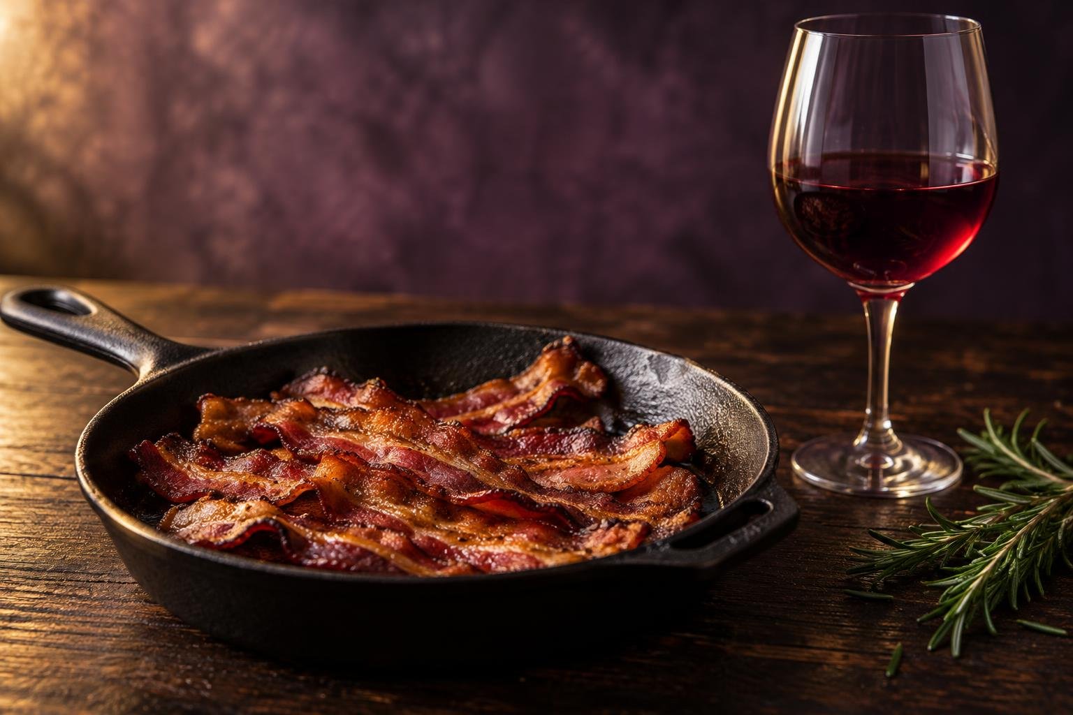 Crisp bacon in a cast iron pan beside a glass of pinot noir
