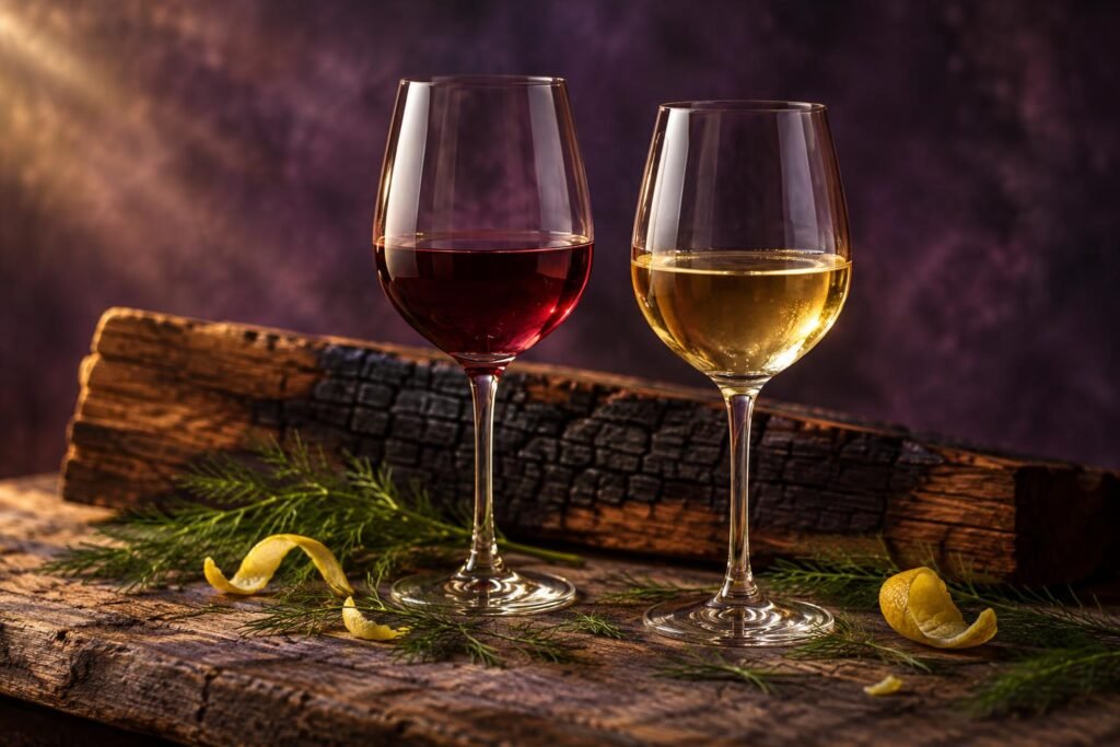 Cedar Plank Salmon Wine Pairing: What to Pour With the Smoke 2 A glass of light red wine and a glass of white wine beside a charred cedar plank