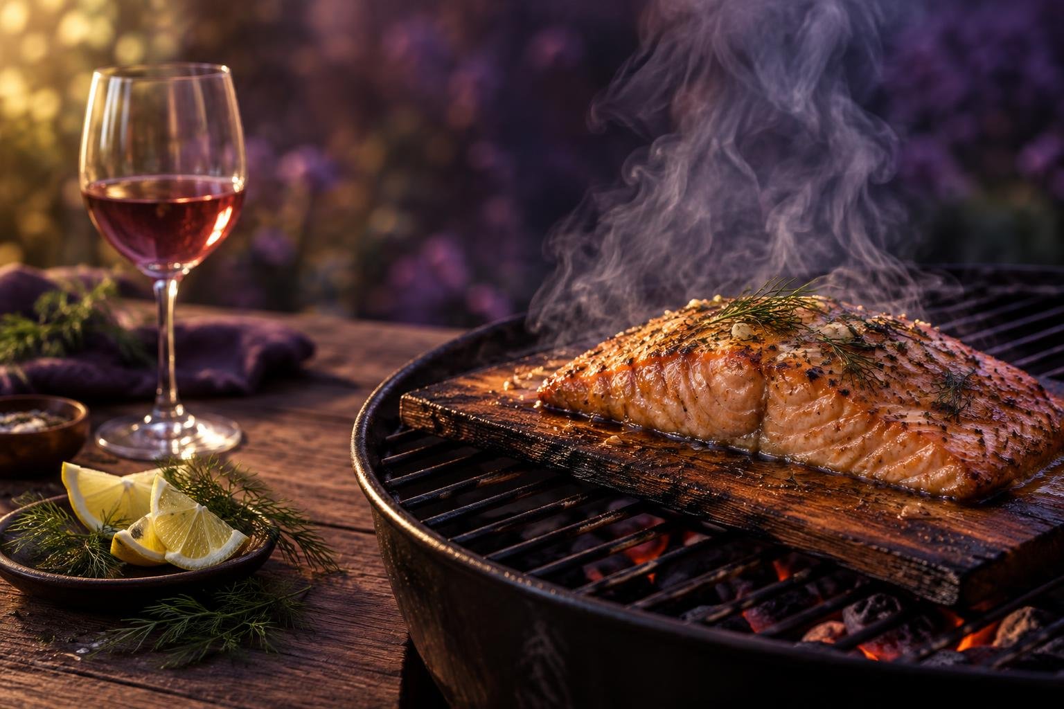 Salmon cooking on a cedar plank beside a glass of light red wine