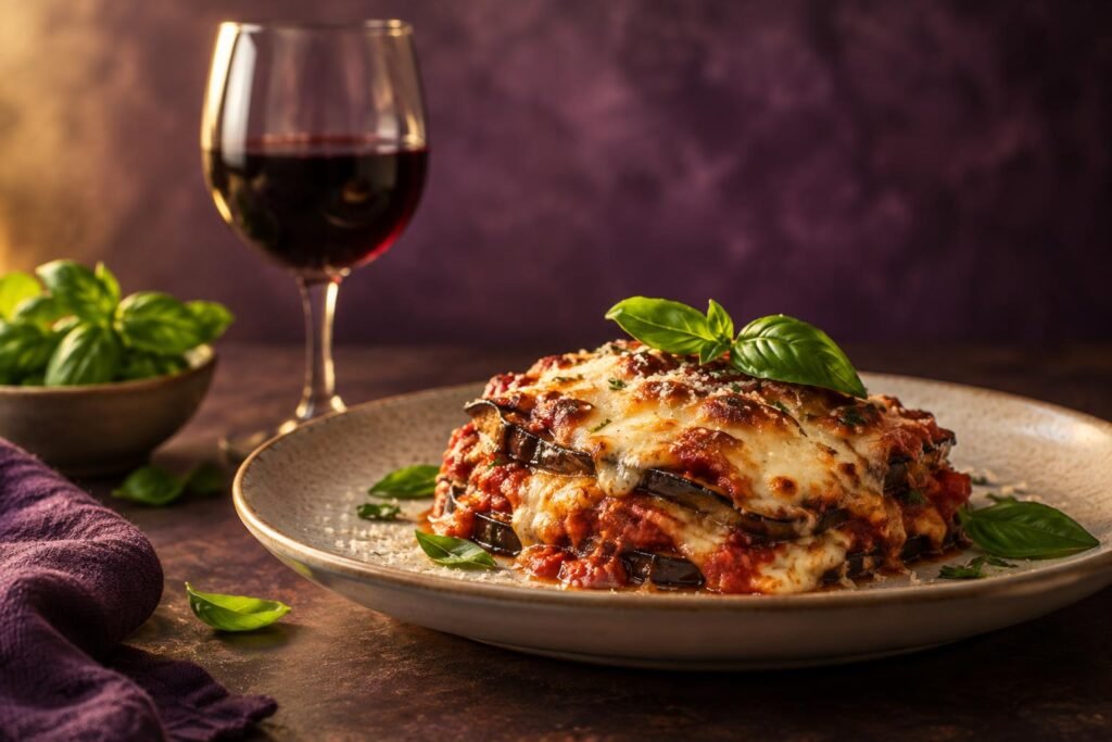A plate of eggplant parmigiana with basil and a glass of red wine