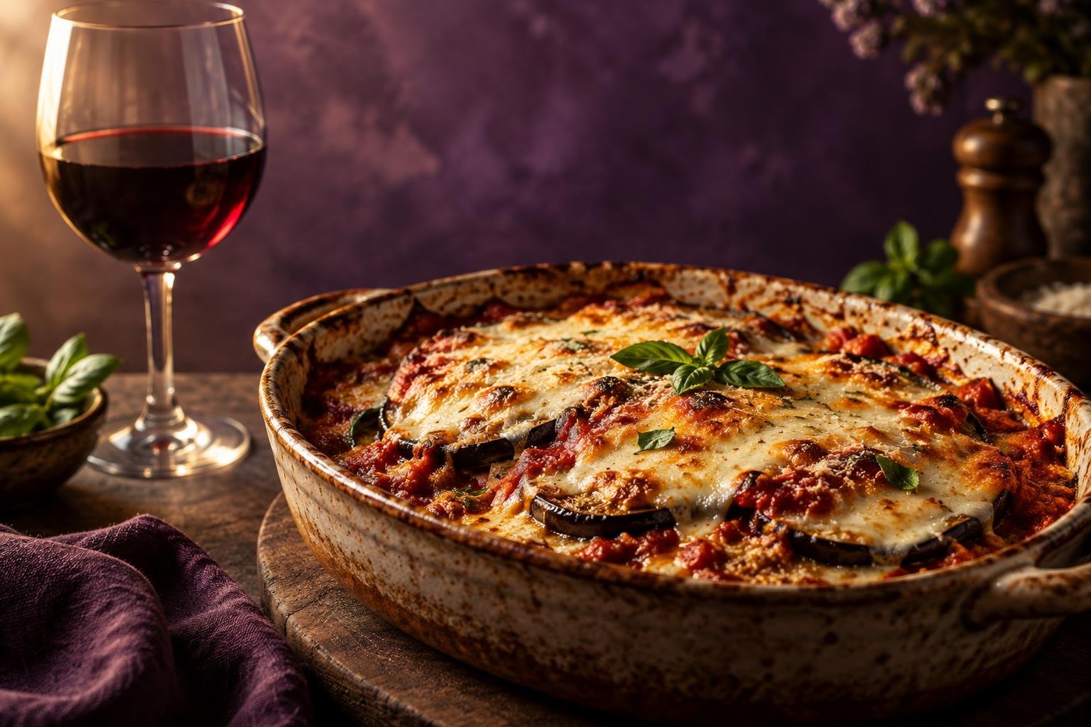 Baked eggplant parmigiana beside a glass of red wine