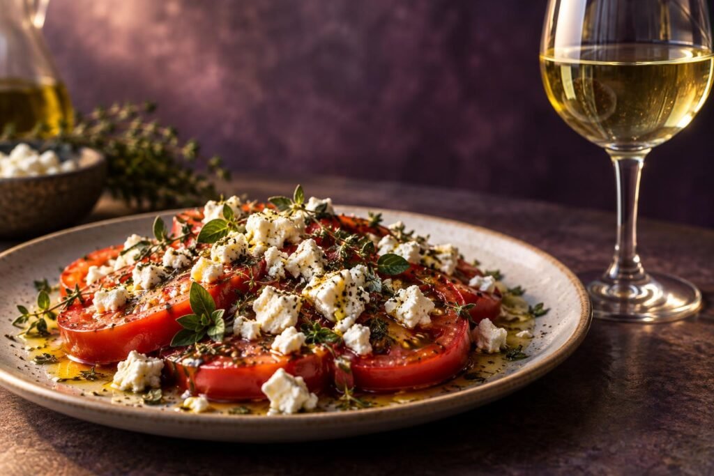 Crumbled feta over sliced tomatoes beside a glass of riesling