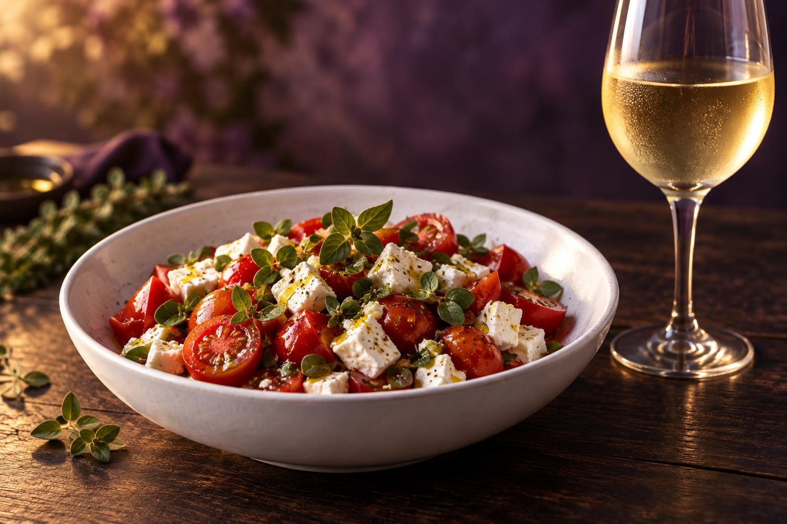 Tomato and feta salad beside a chilled glass of white wine