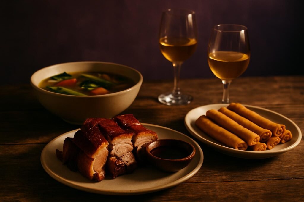 Filipino roast pork, spring rolls and tamarind soup beside two glasses of wine