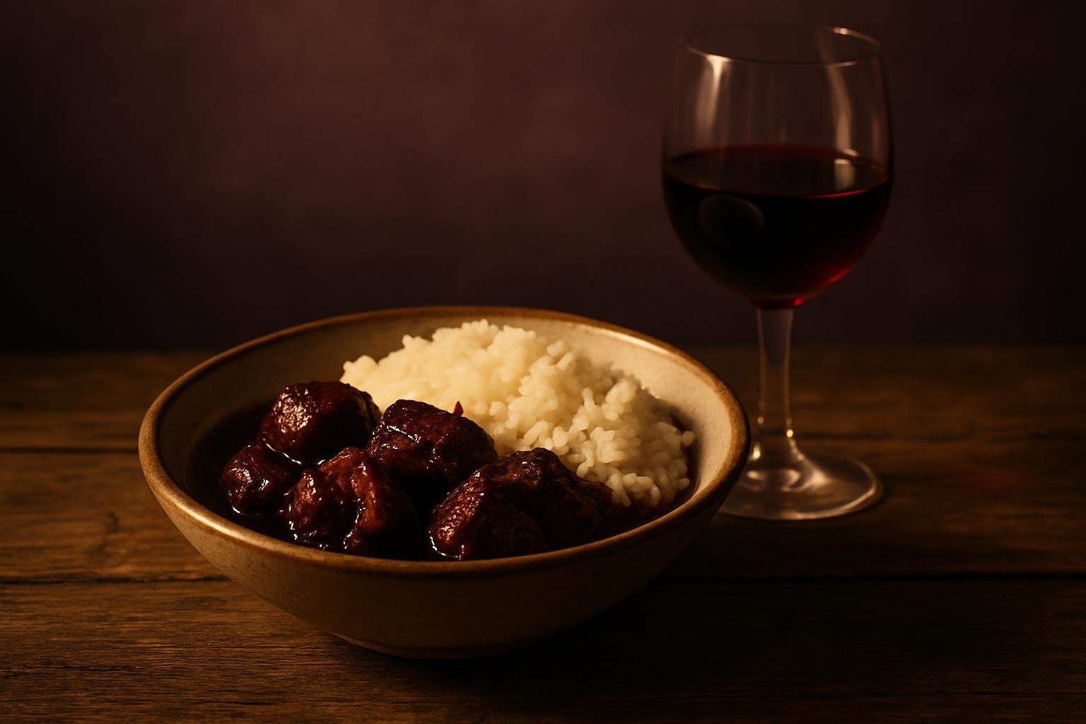 Bowl of Filipino pork adobo with rice and a glass of red wine