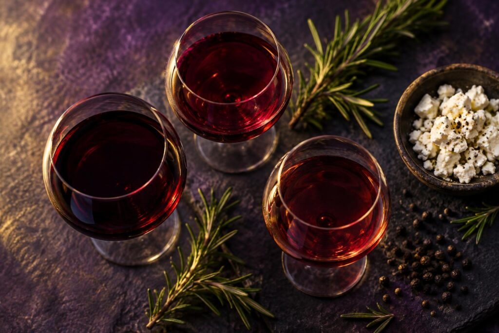 Three glasses of red wine beside rosemary, feta and peppercorns