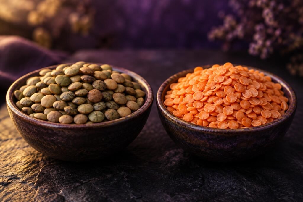 Whole green lentils and split red lentils side by side in two small bowls