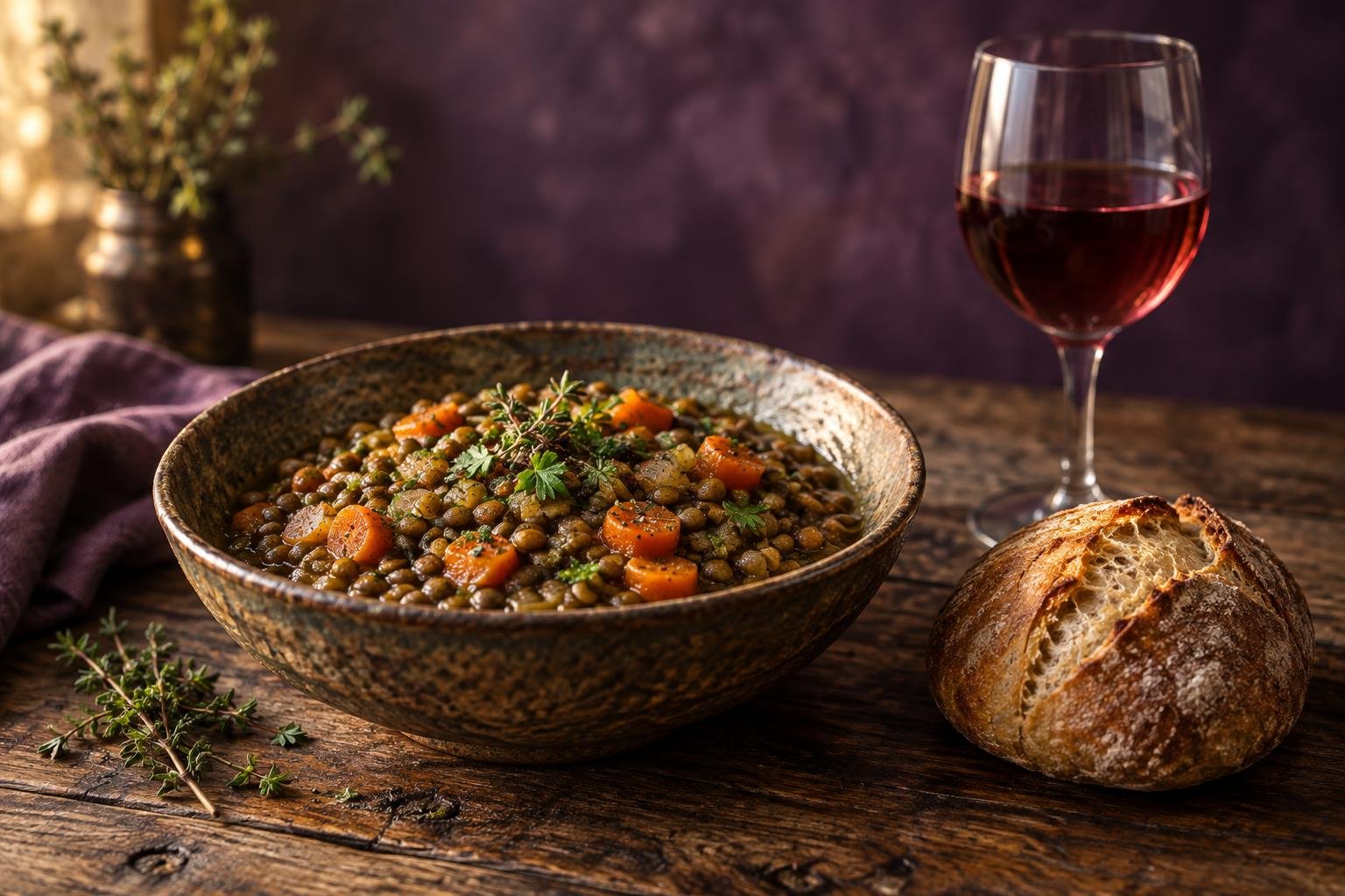 A bowl of braised green lentils beside a glass of light red wine