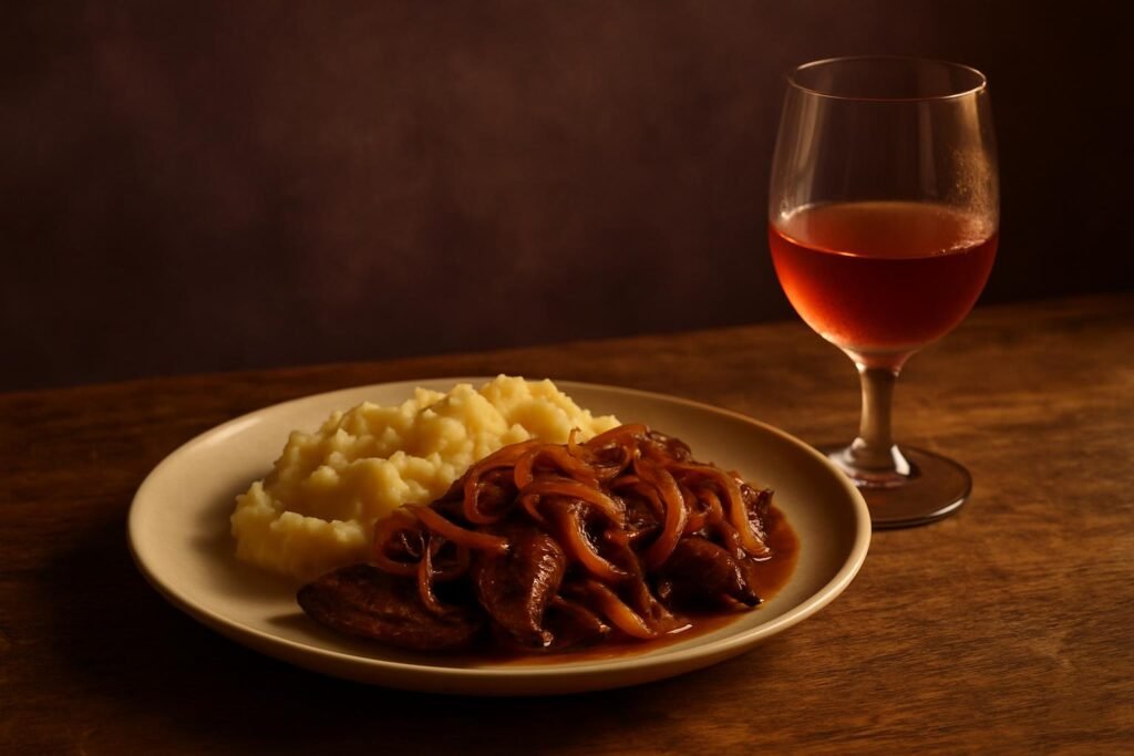 Plate of liver and onions beside a glass of chilled red wine