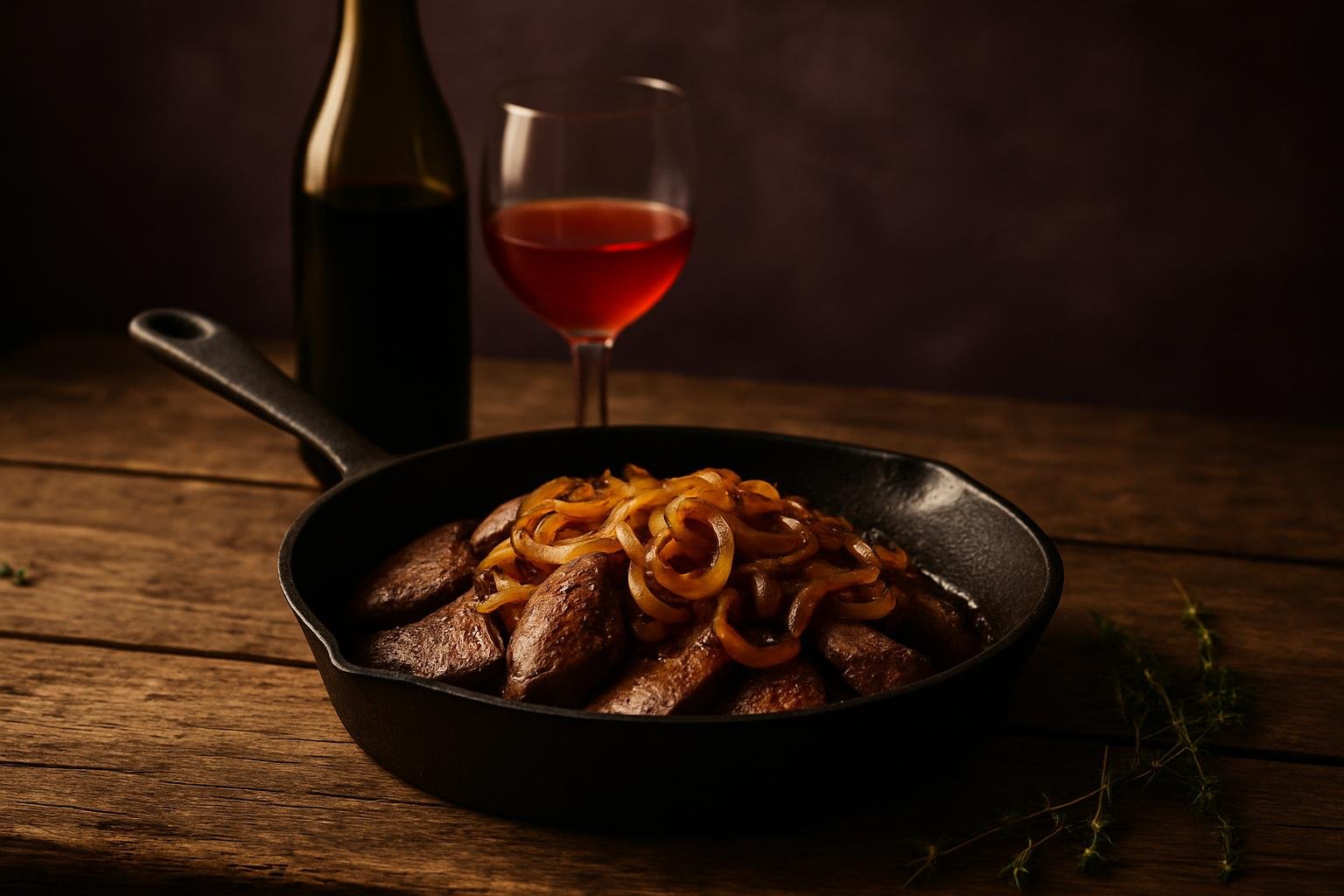 Pan of liver and caramelised onions beside a glass of light red wine