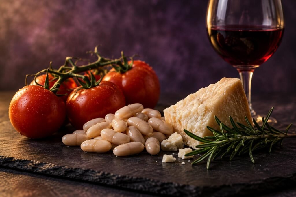Minestrone and Wine: What to Pour (and What to Avoid) 2 Tomatoes beans and parmesan beside a glass of wine