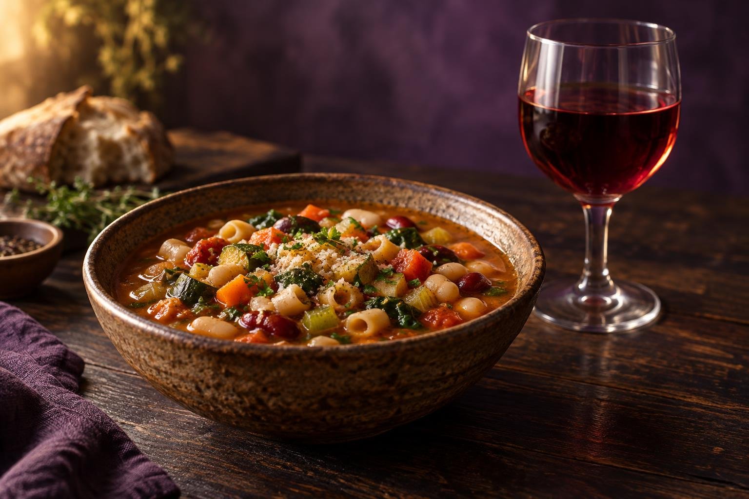 A bowl of minestrone soup beside a glass of red wine
