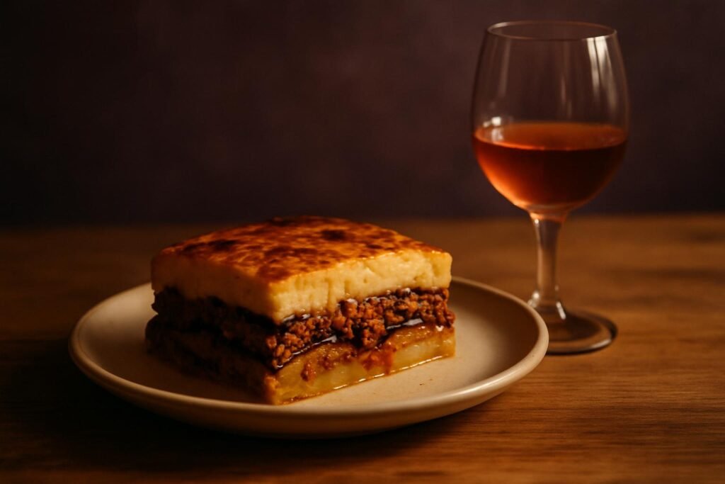 Moussaka and Wine: What to Pour (and What to Avoid) 2 Slice of moussaka showing its layers beside a glass of red wine