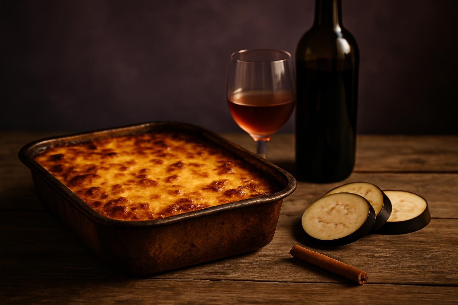 Greek moussaka in a baking dish beside a glass of red wine on a timber table