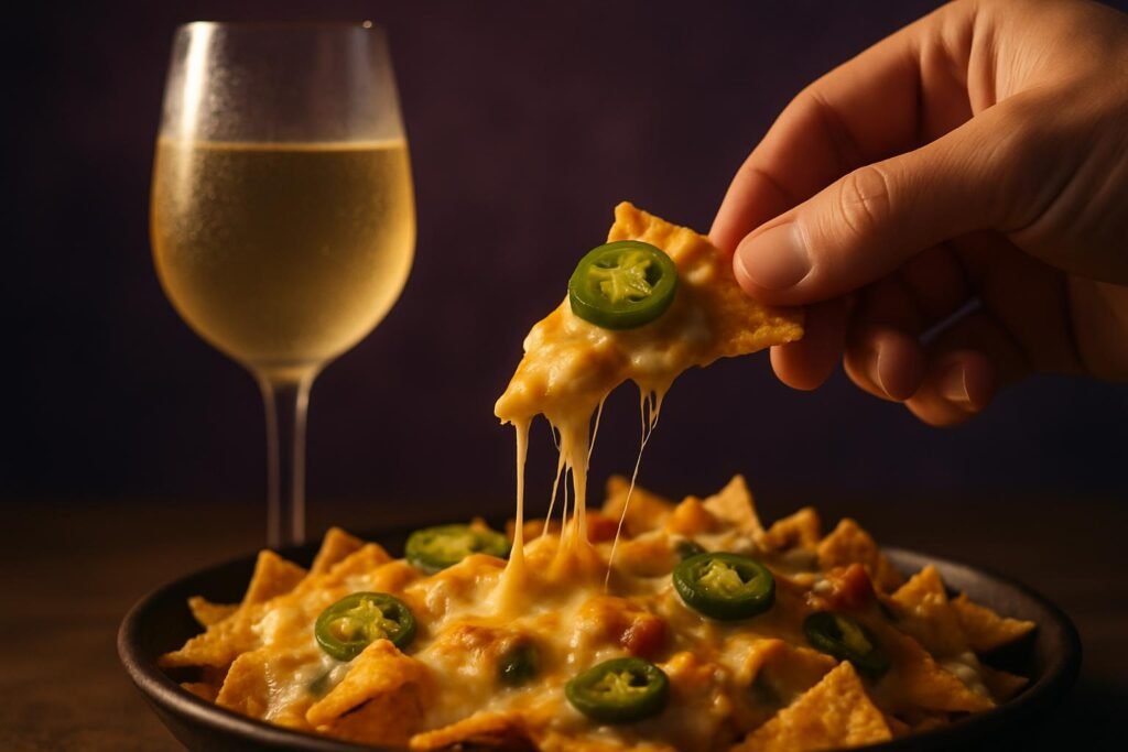 Cheesy nacho chip with jalapeño and a cold glass of white wine behind