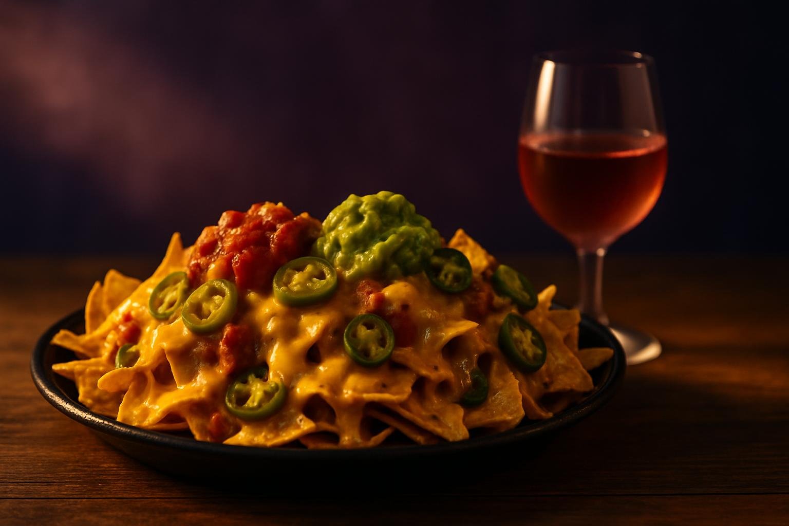 Platter of loaded nachos with a glass of chilled red wine
