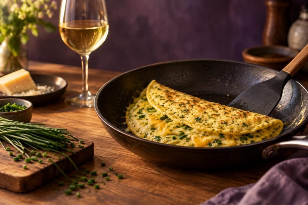 Cheese and herb omelette in a pan beside a glass of Chardonnay
