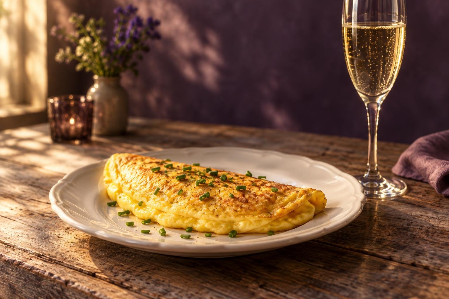 Folded omelette with chives on a plate beside a glass of sparkling wine