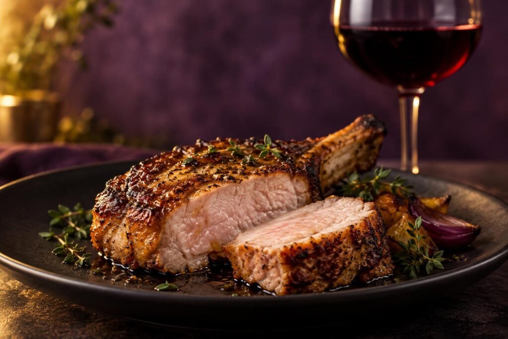 Pan Fried Pork Chops and Wine: What to Pour 2 A sliced pork chop with a crisp crust beside red wine