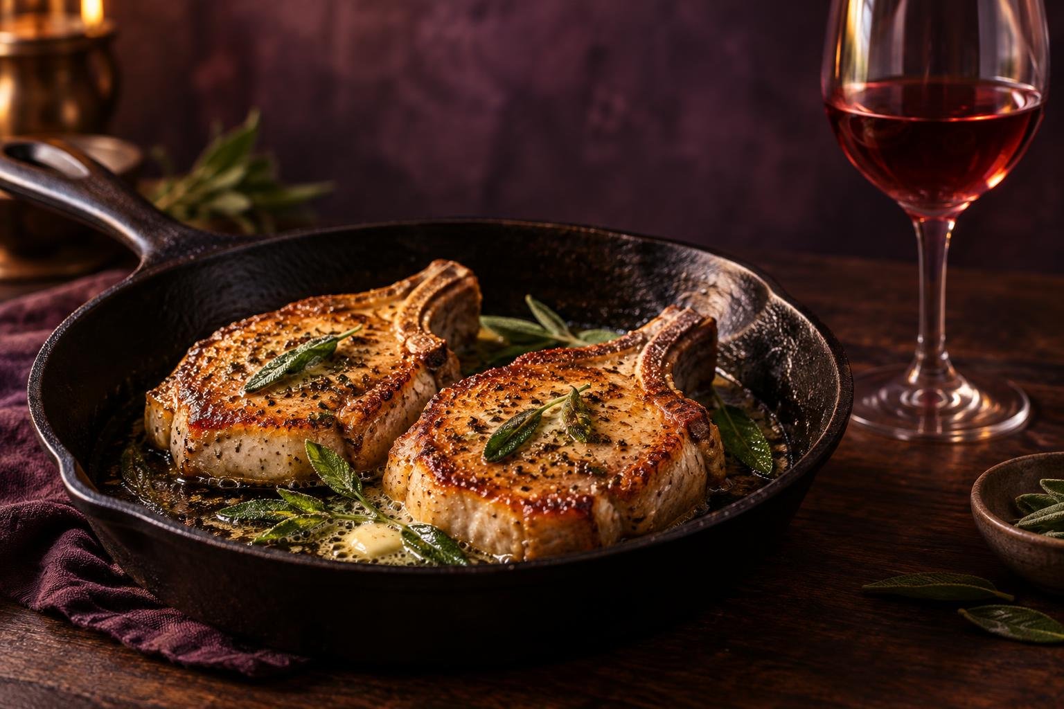 Pan fried pork chops in a skillet beside a glass of red wine