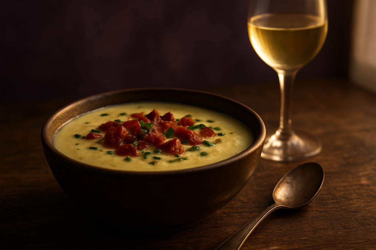 Bowl of creamy potato soup with a glass of Chardonnay