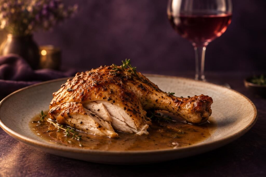 Carved roast chicken with gravy beside a glass of light red wine