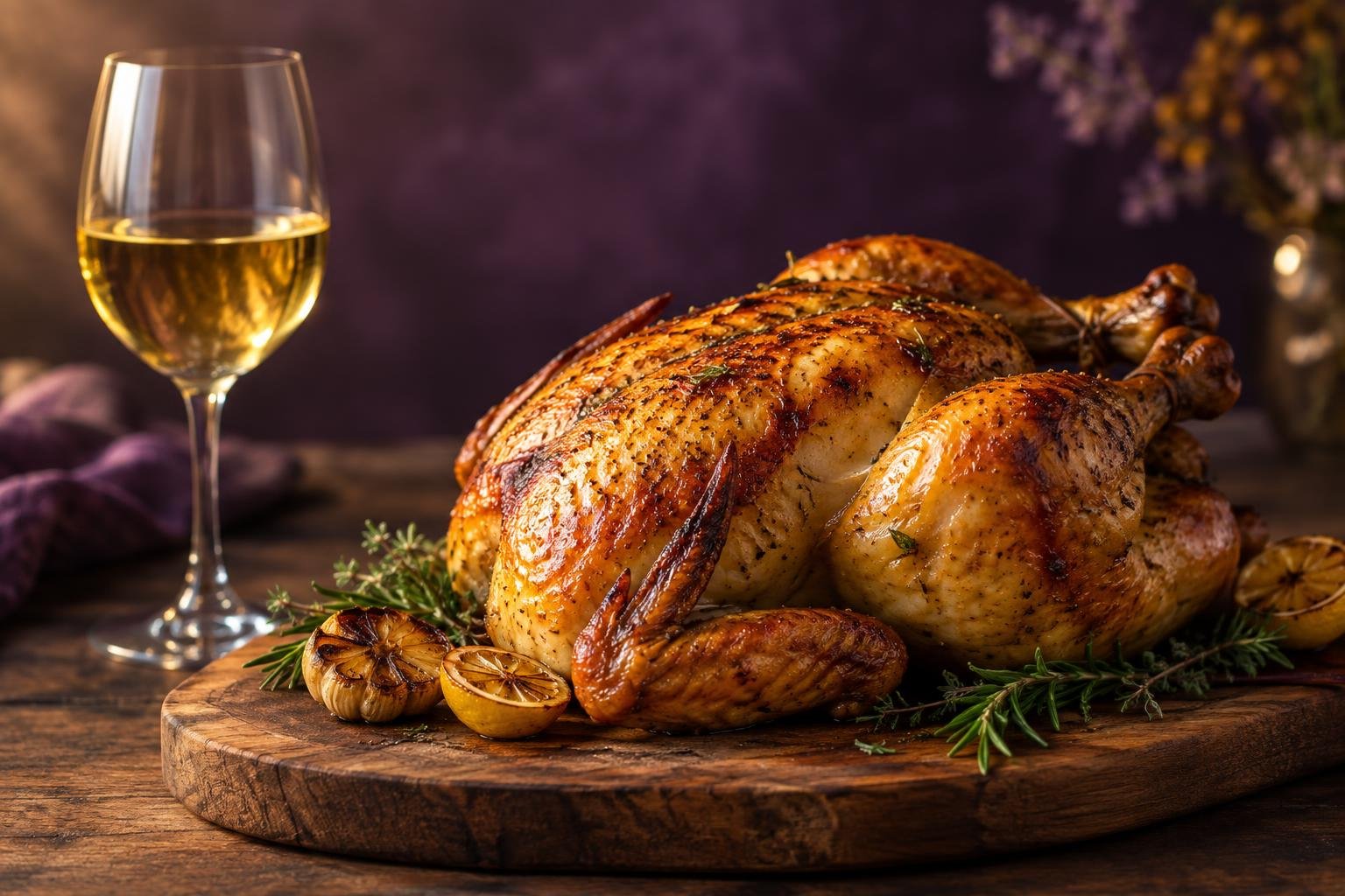 Golden roast chicken on a board beside a glass of white wine