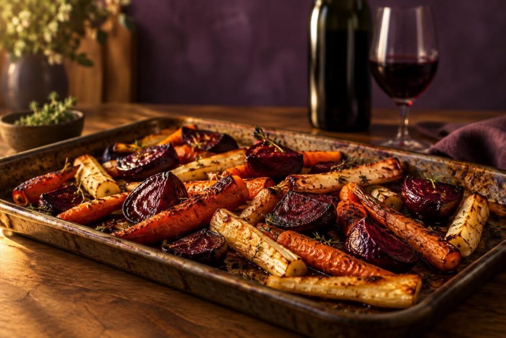 Tray of caramelised roasted beetroot, carrots and parsnips with a bottle of red wine behind