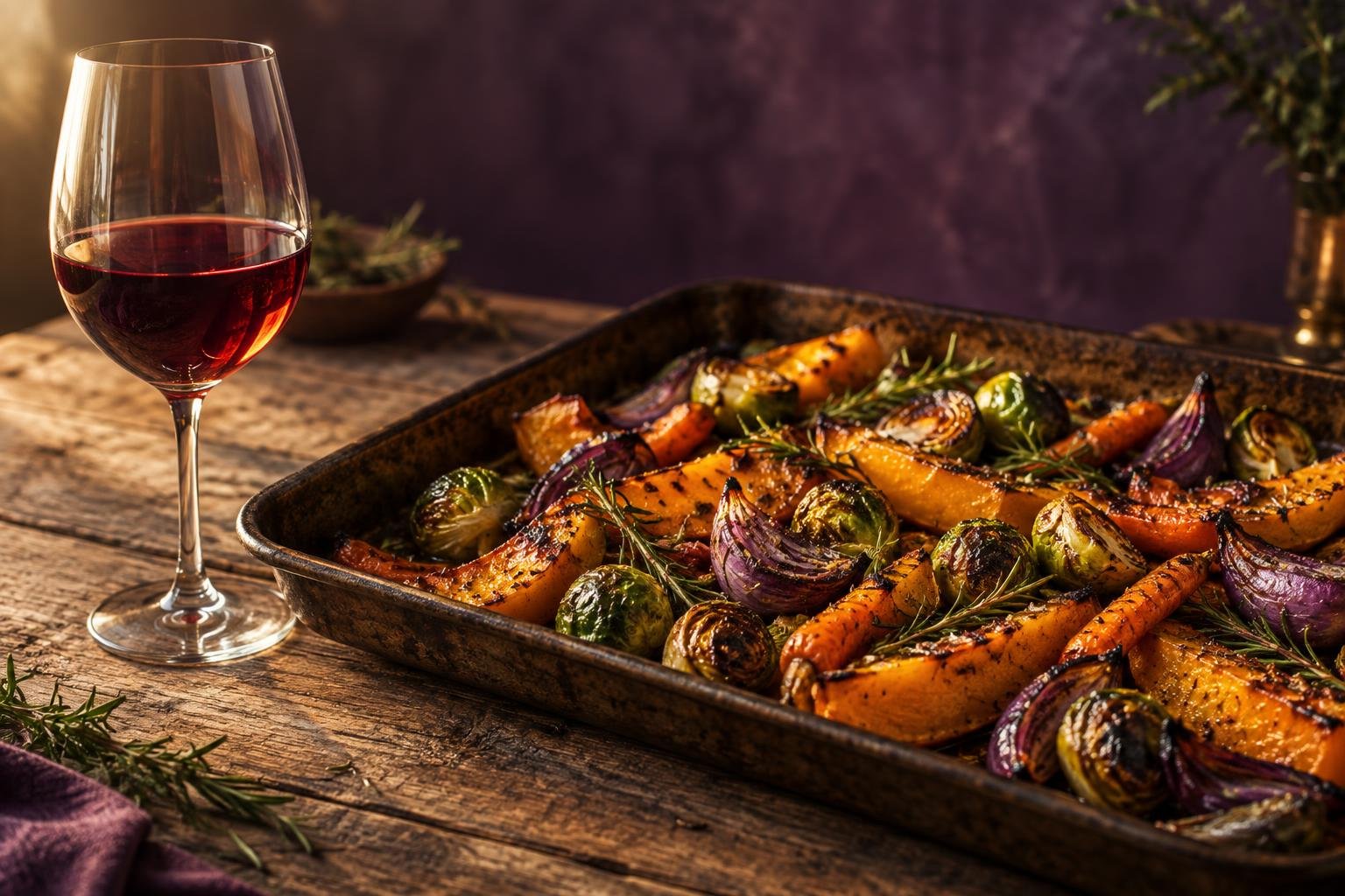 Glass of red wine beside a tray of roasted pumpkin, carrots, onion and sprouts