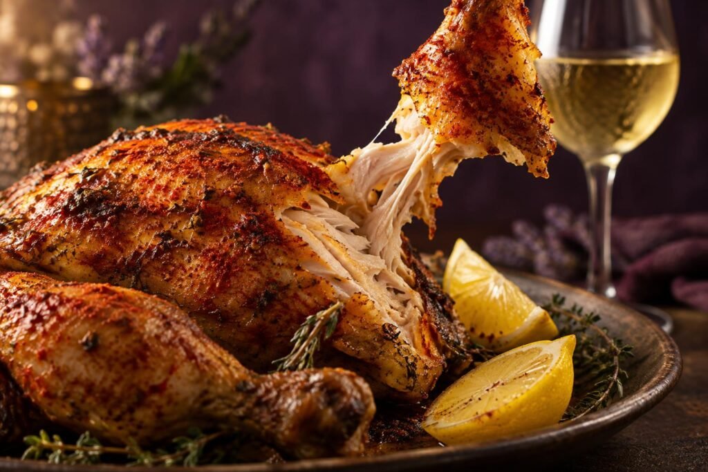 Crisp seasoned chicken skin with a glass of white wine