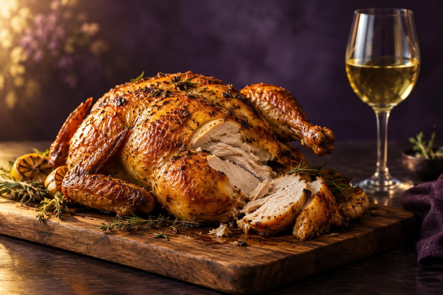 A rotisserie chicken on a board beside a glass of white wine