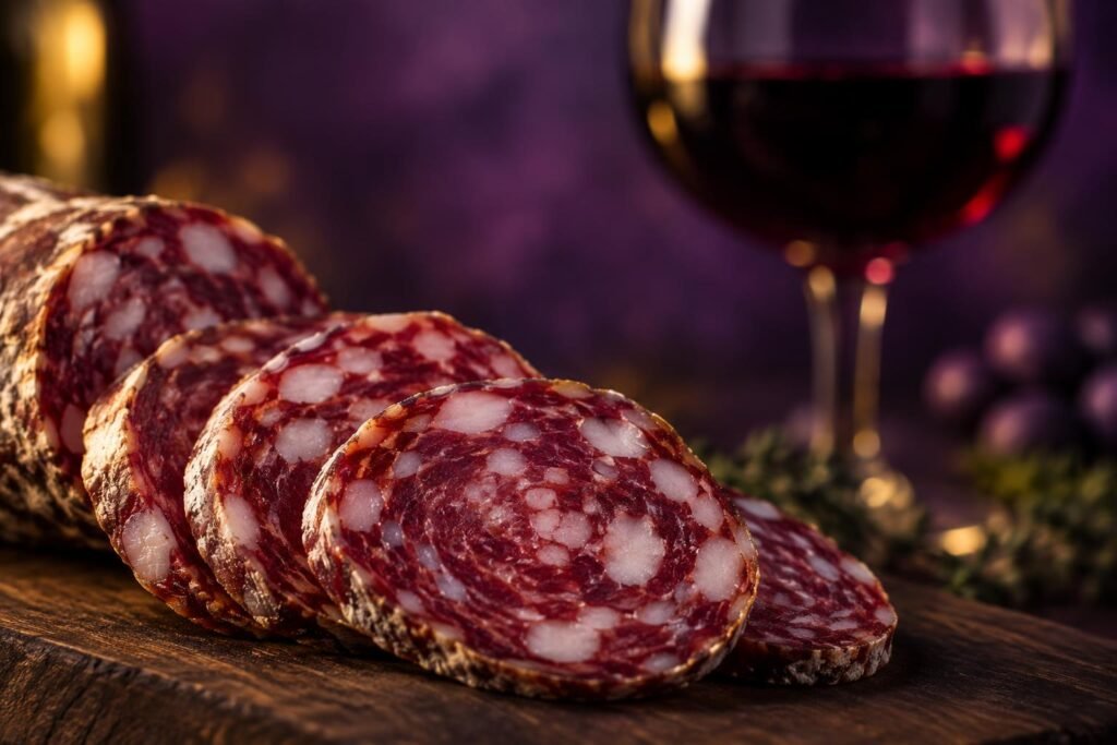 Close up of marbled salami slices with a glass of red wine behind