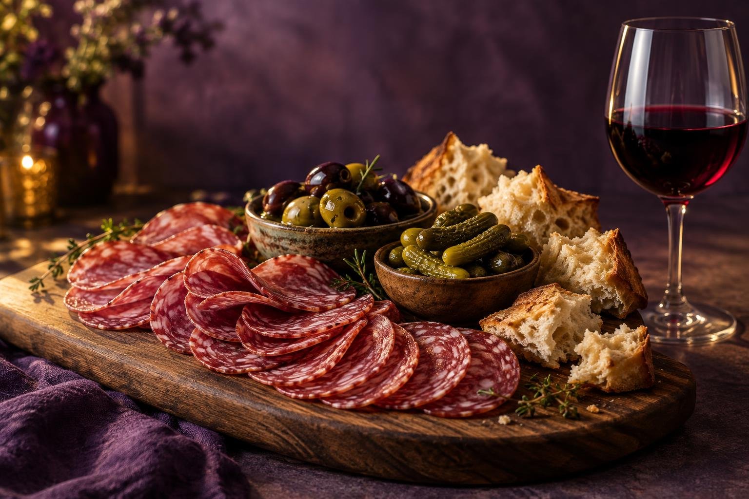 Sliced salami on a board with olives and bread beside a glass of red wine