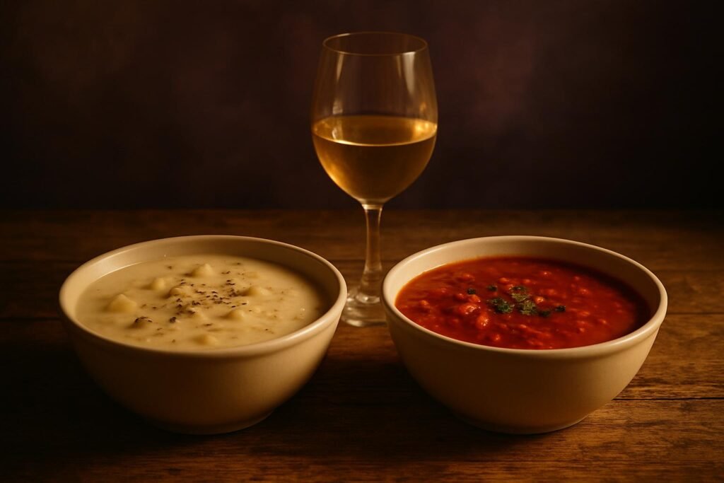 A creamy white chowder and a red tomato chowder side by side with a glass of wine