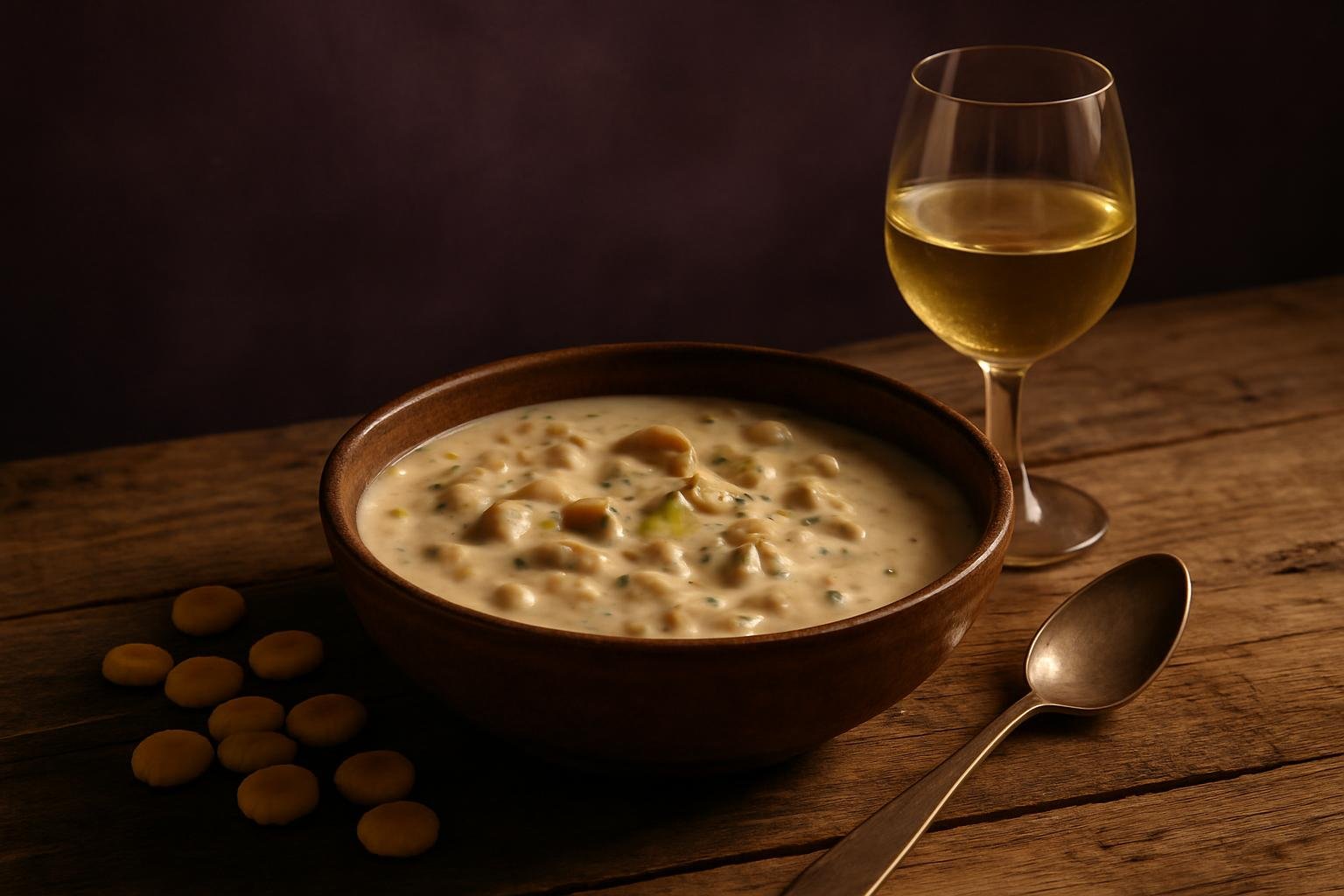 Bowl of creamy clam chowder beside a glass of white wine on a timber table